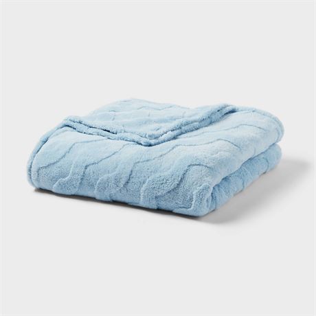 Full/Queen Wavy Jacquard Plush Blanket Light Blue
