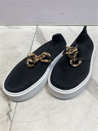 Size 7.5-Black Knit Sneakers with Gold Chain