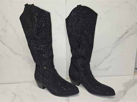 Size 38Black Rhinestone Knee-High Boots