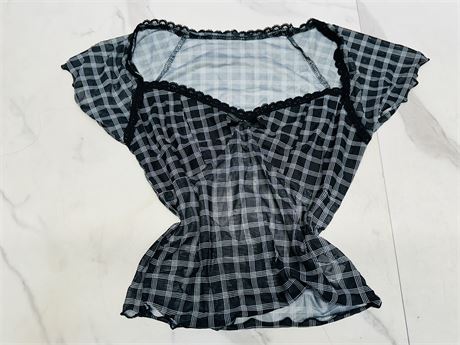 (S) Black Checkered Top with Lace Trim