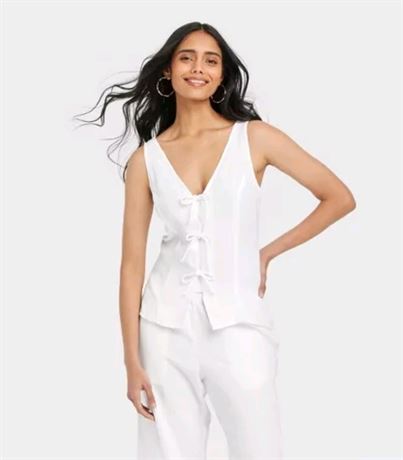 (L) Women's Linen Tie V-Neck Blouse
