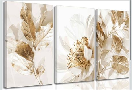3 Pcs Modern White Floral Golden Leaves Canvas