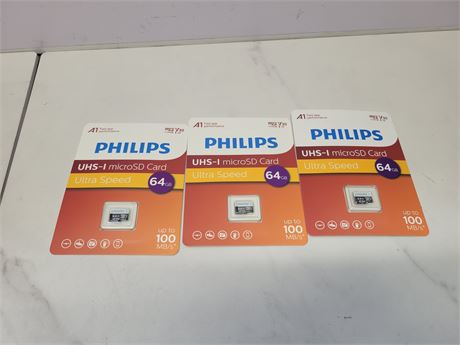 Lot of 3 Philips 64GB microSD Cards