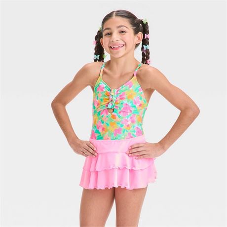 Girls' Floral Printed One Piece Swimsuit Set - Cat
