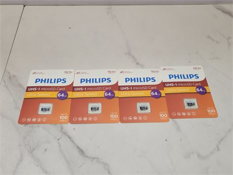 Lot of 4 Philips 64GB microSD Cards