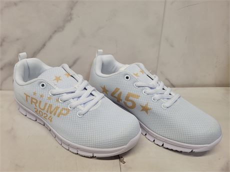 Size 6 White Sneakers with Gold Text