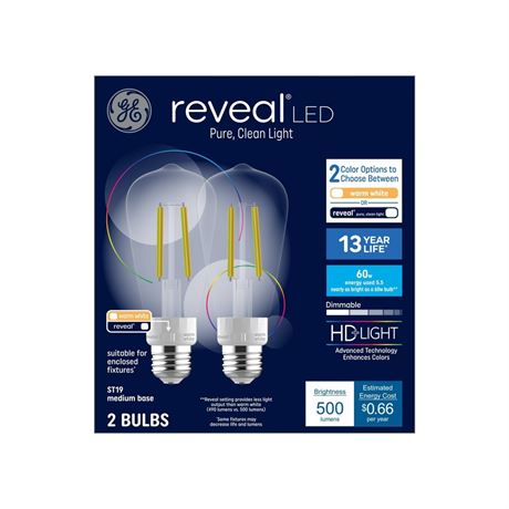 GE 2pk 60W Color Select ST19 LED Edison Light