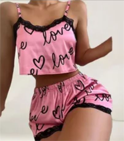 (XL) Satin Pajama Set for Women - V-Neck Lace