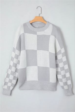 (XL) Checkered Print Drop Shoulder Sweater