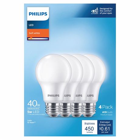 Philips LED 40W Frosted Soft White A19 4P Non-Dim