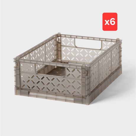 6Pk Rectangular Plastic Foldable Medium Crate Gray -
