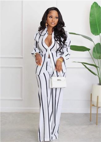 (L) Women's printed striped shirt long sleeve straight